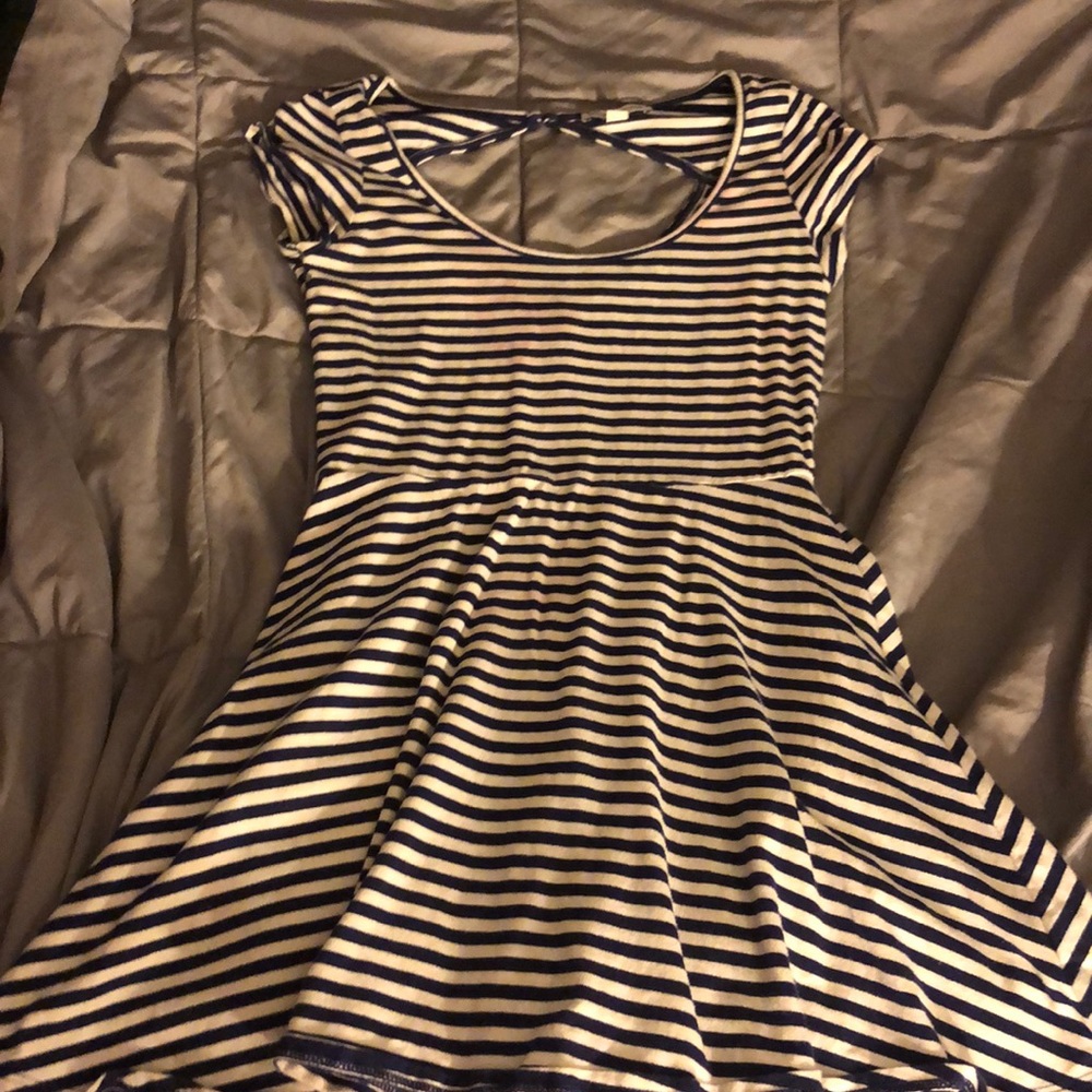 Navy blue and white striped skater dress.